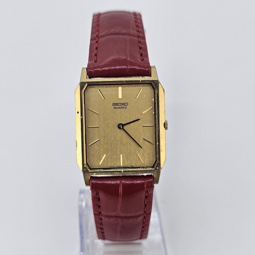 VTG Seiko Tank Women Watch 26MM Gold Dial NEW Red Leather Bands NEW Battery